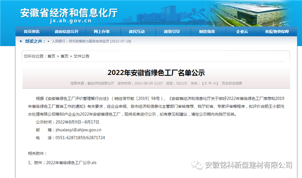 点赞！安徽铭科新型建材有限公司获“安徽省绿色工厂”称号